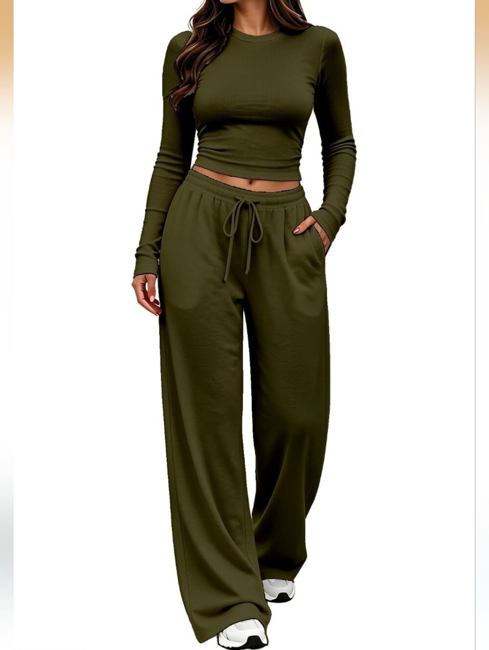 Wide-Leg Drawstring Pants in Olive Green